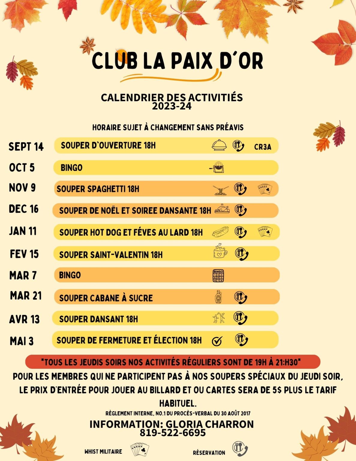 Club la Paix d’Or Calendrier des activités 20232024 NotreDamede